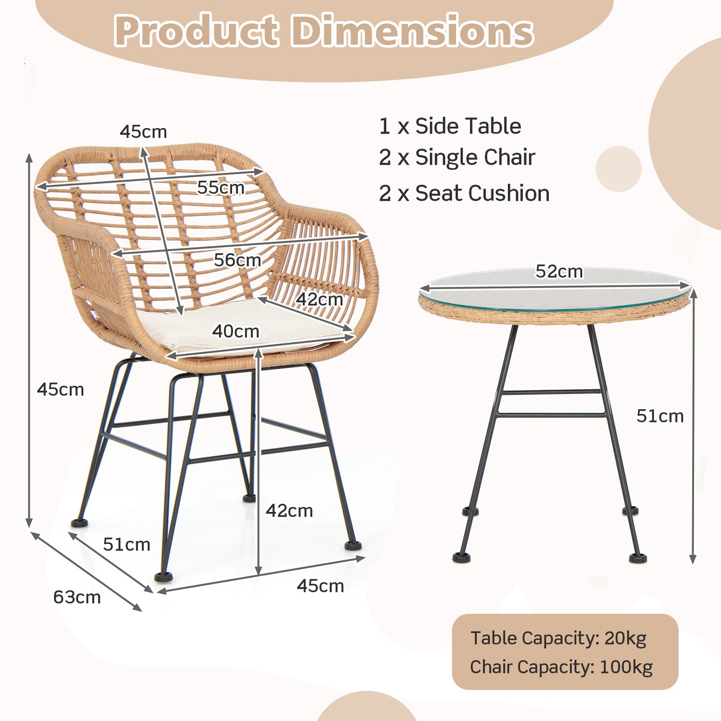 3 Piece Patio Rattan Set with 2 Cushioned Chairs and Tempered Glass Table-Black