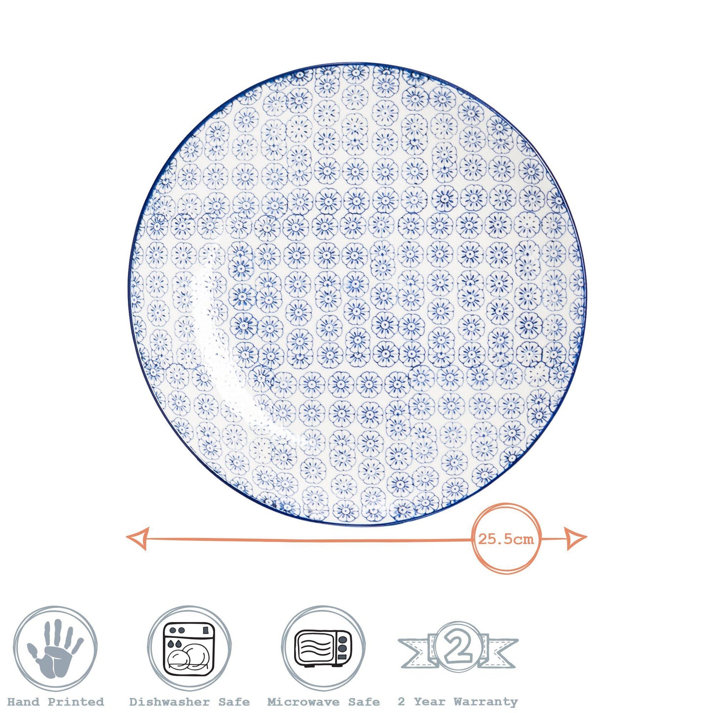 25.5cm Hand Printed Stoneware Dinner Plates - Pack of Six