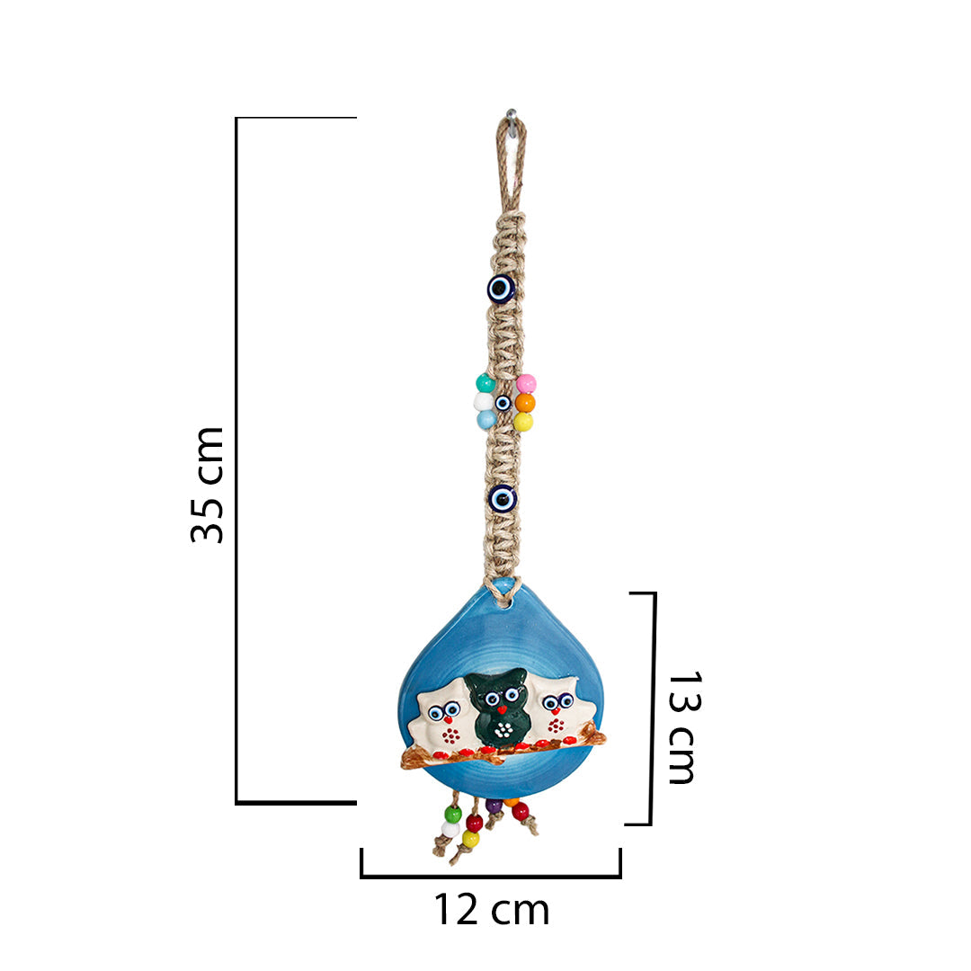 Handmade Ceramic Wall Decoration with Owl Trio, Light Blue