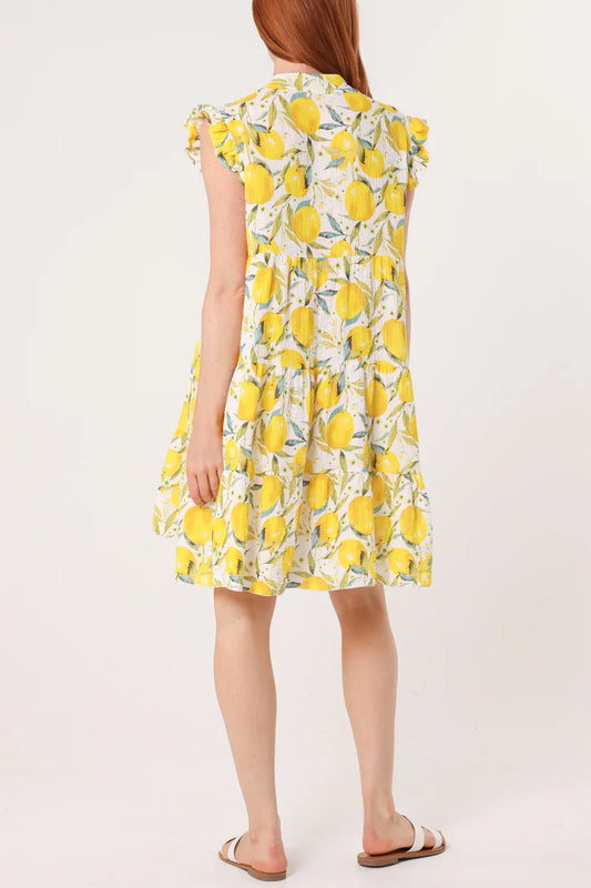 Lemon Print Frill Sleeve Mini Dress – One Size Fits 8–18/20