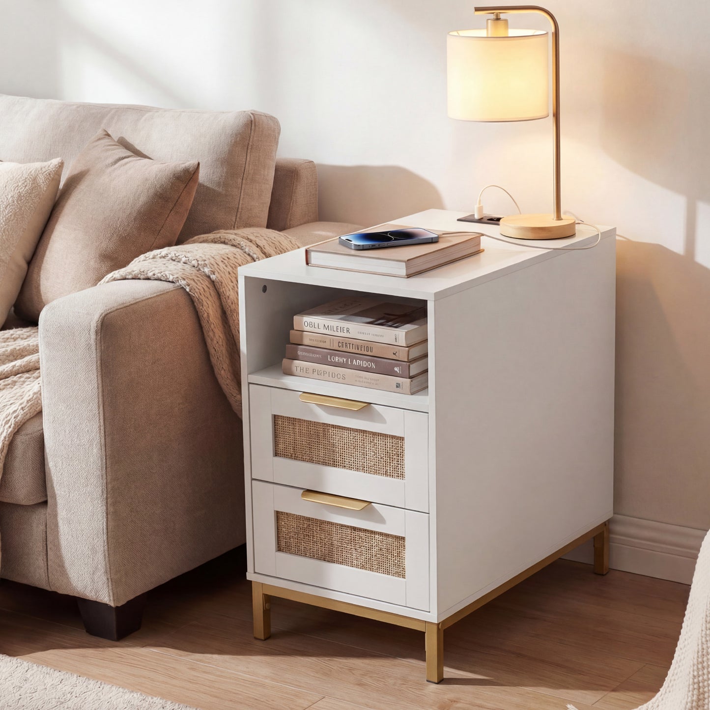 Narrow End Table with Charging Station and 2 Drawers for Bedroom-Black