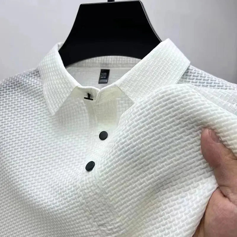 New Men’s Business Casual Short Sleeve Polo Shirt – Bone Flower Solid Color, Breathable & Comfortable Summer Top