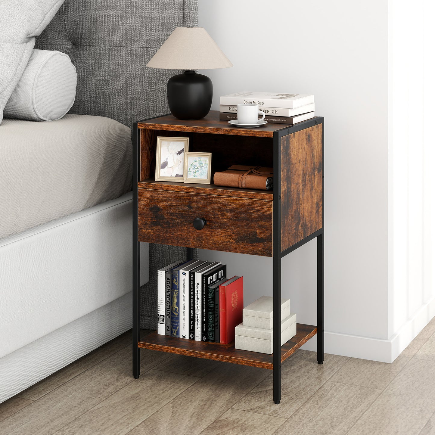 Nightstand with Open Compartment and Storage Shelf Set of 2-Black