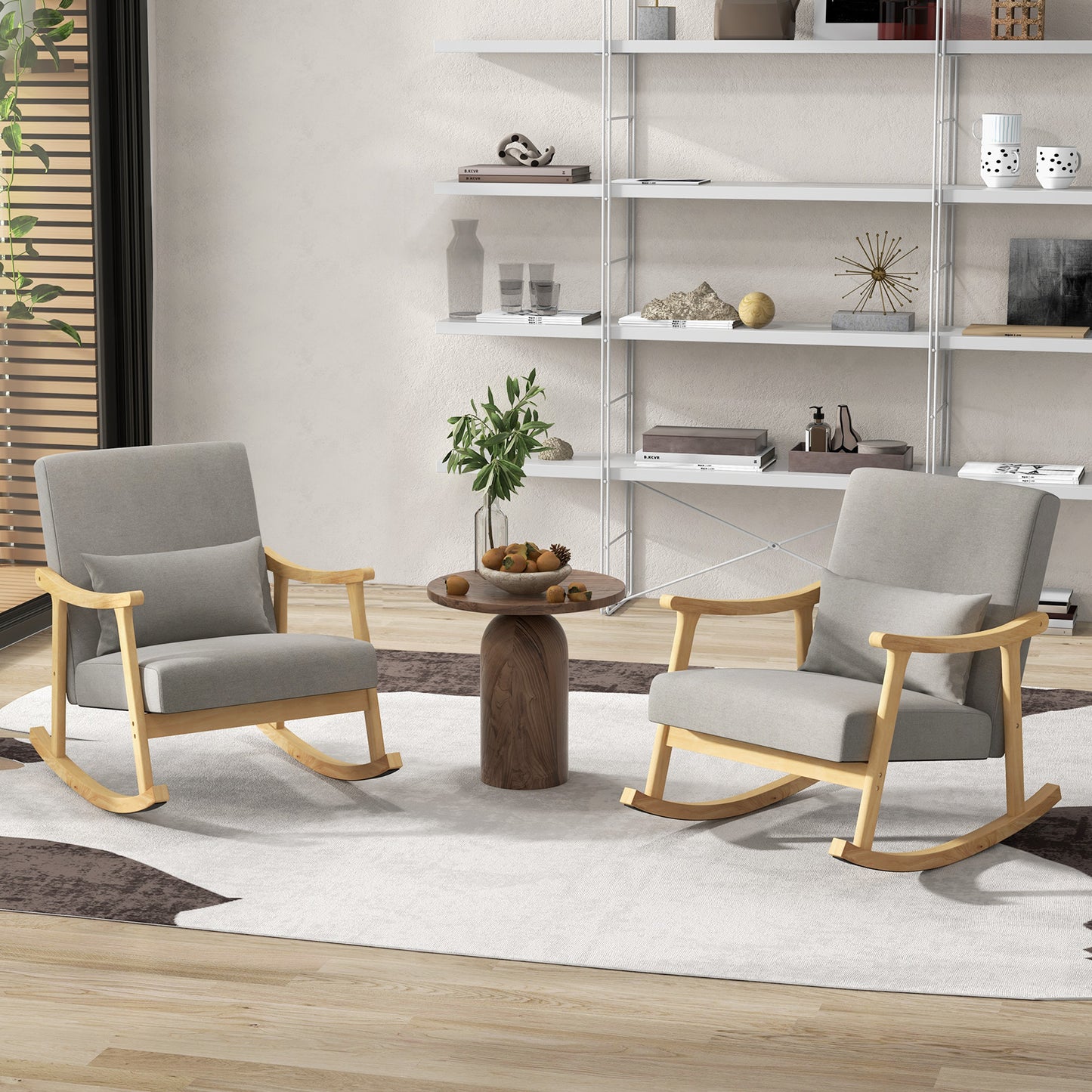 Nursery Rocking Accent Chair Rocker Armchair with Rubber Wood Armrests-Brown