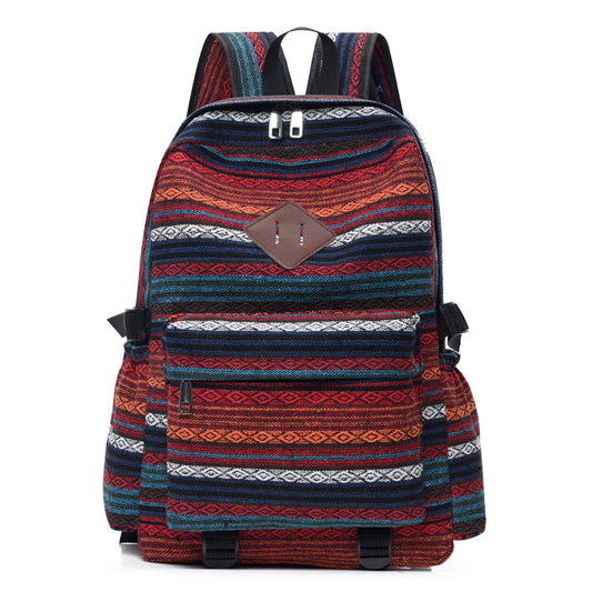 Ethnic style backpack leisure plaid canvas bag leisure large capacity student women backpack leisure travel trendy bag