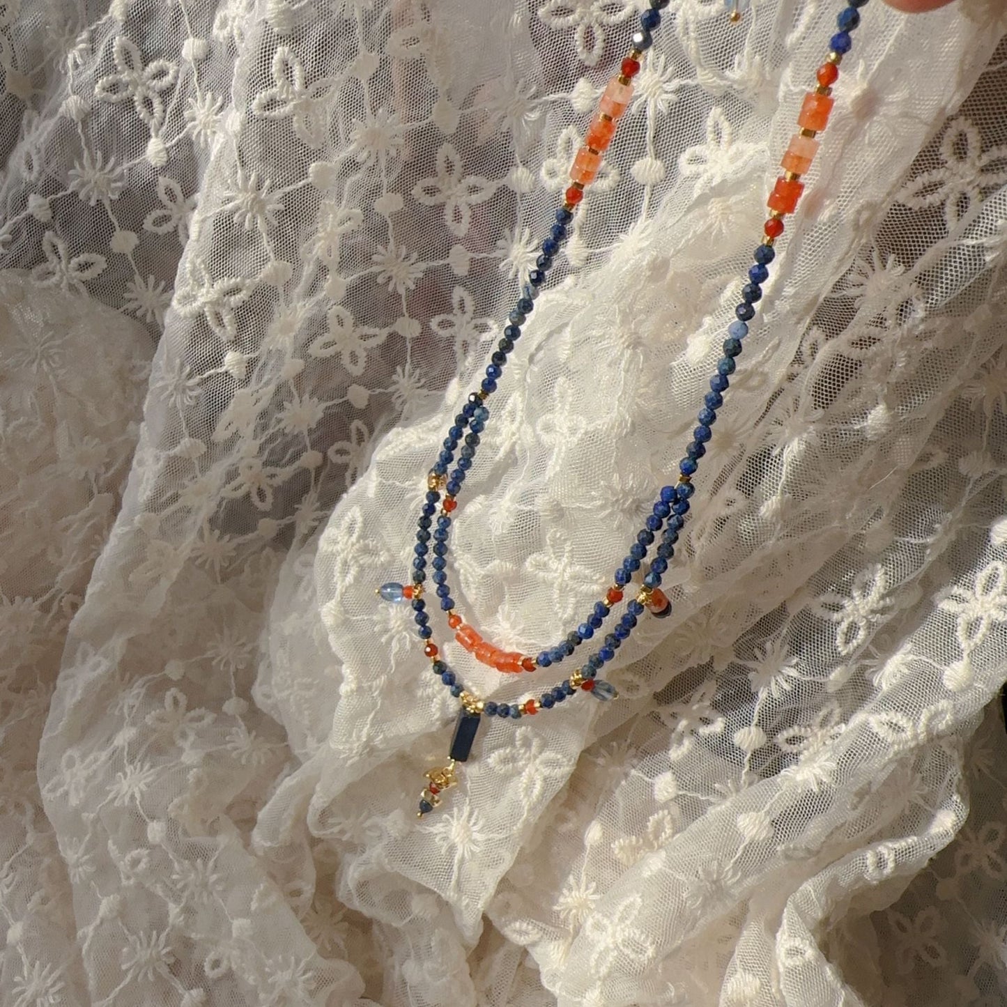 JEKIRA Double-Layer Lapis Lazuli & Red Agate Pendant Necklace