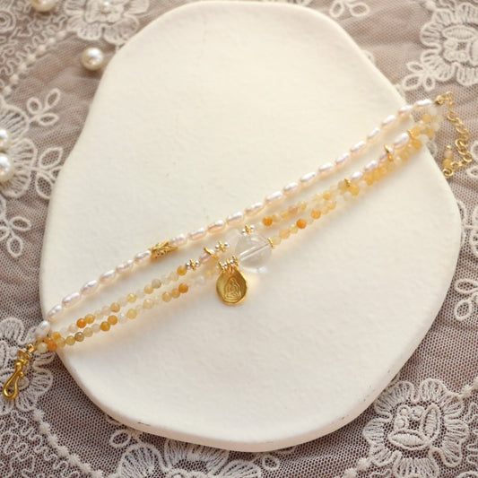 JEKIRA Autumn-Inspired Triple-Layer Yellow Jade & Baroque Pearl Bracelet