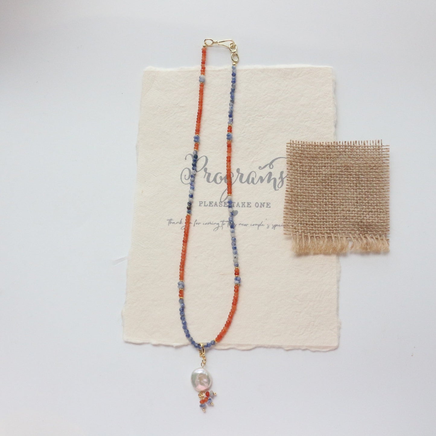 Jekira Retro Chinese Orange & Blue Gemstone Pearl Necklace