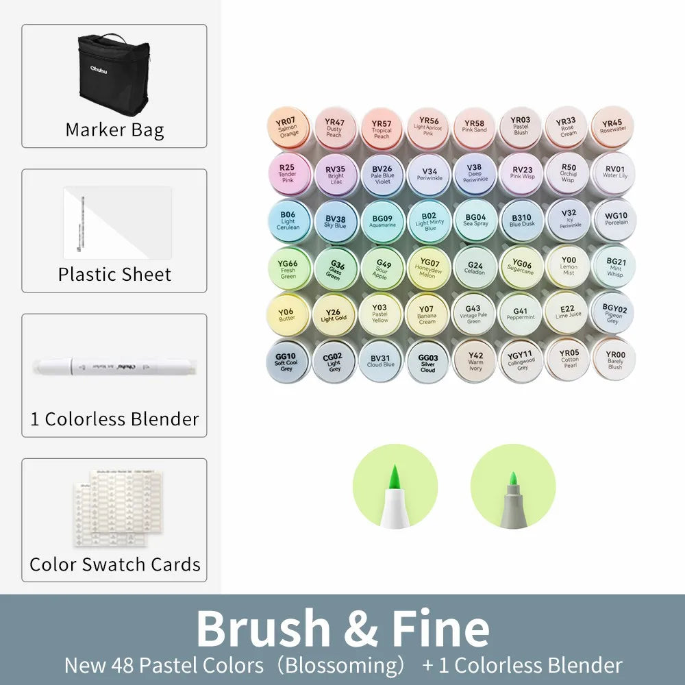Ohuhu Honolulu 48 Pastel Alcohol Markers Dual Tip Brush Chisel Refillable Art Set
