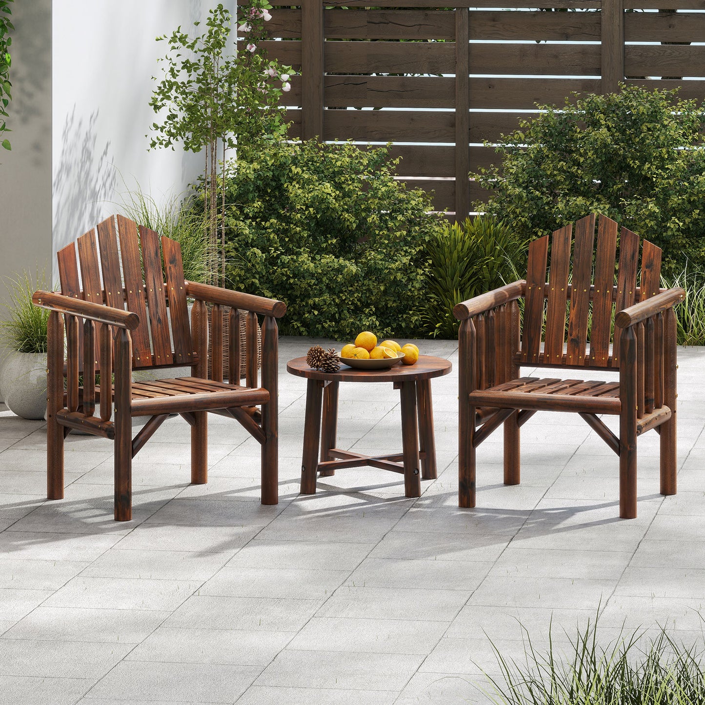 Outdoor Wood Armchair Dining Chair with Armrests and Reclined High Backrest-Brown