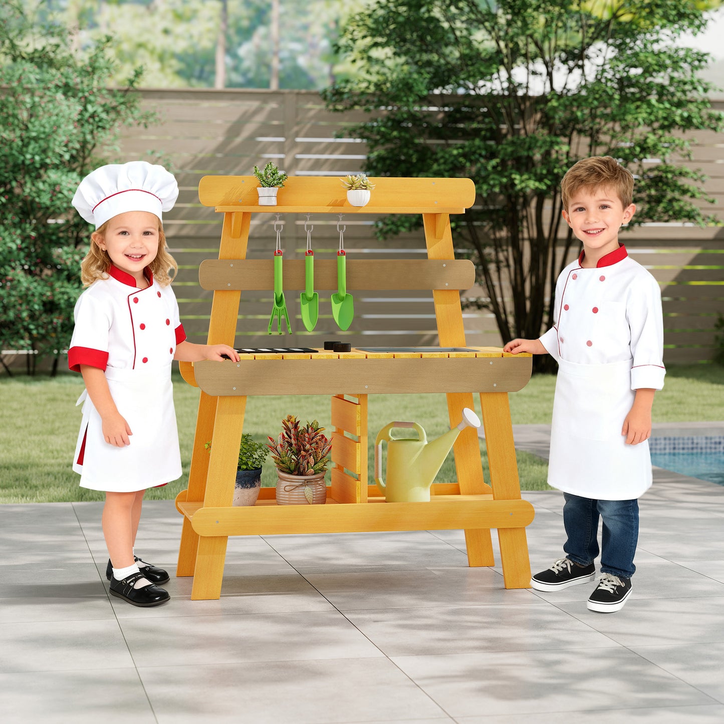 Outdoor Mud Kitchen for Kids Toddler Wood Pretend Play Kitchen-Yellow