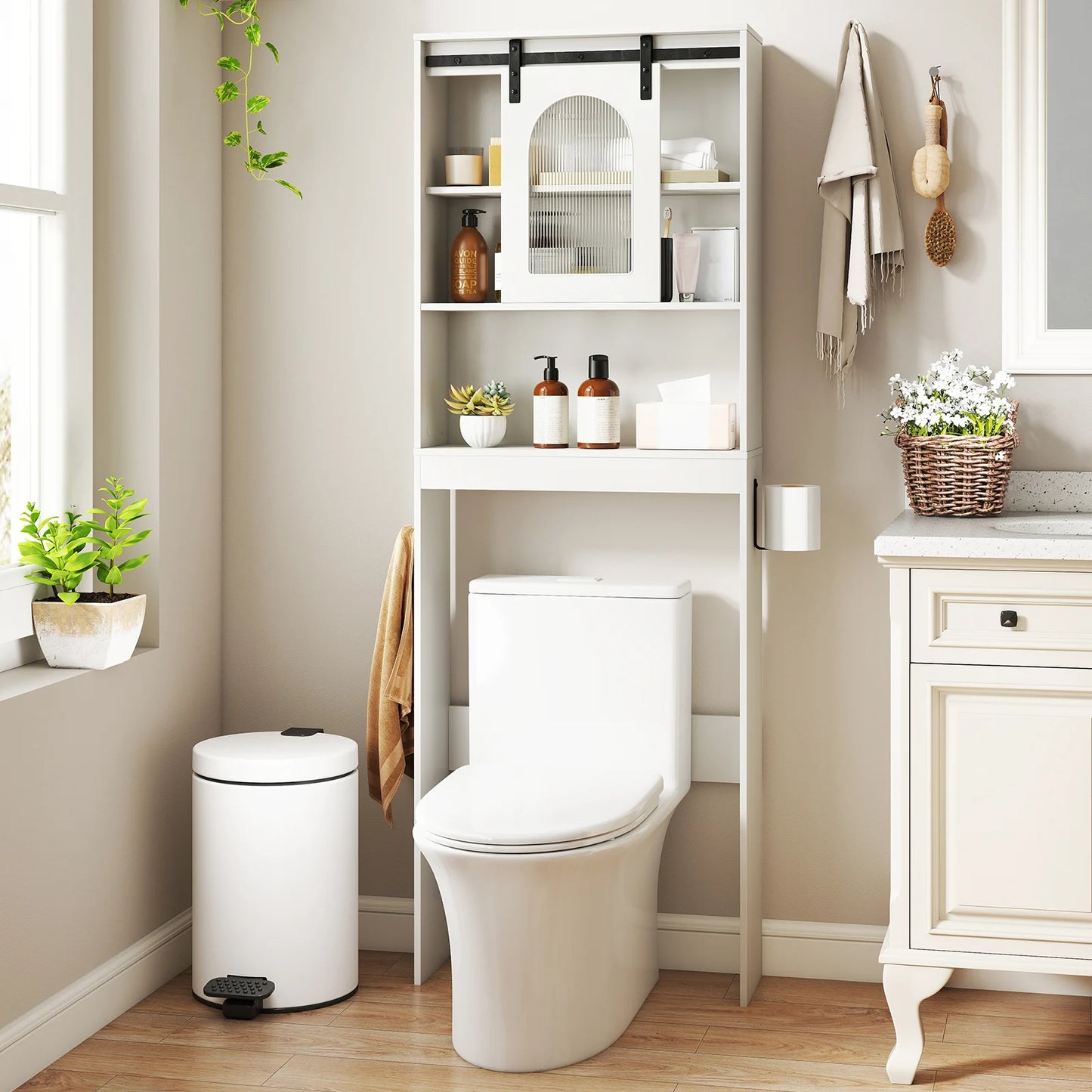 Over the Toilet Storage Cabinet with Toilet Paper Holder-Rustic Brown