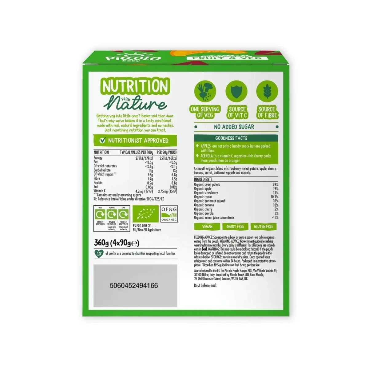 Piccolo Baby Fruit & Veg - Sweet Potato, Apple & Strawberry 6+ months 360g (4x90g)