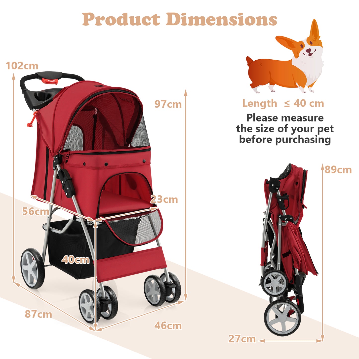 4-Wheel Folding Pet Stroller with Storage Basket and Adjustable Canopy-Beige