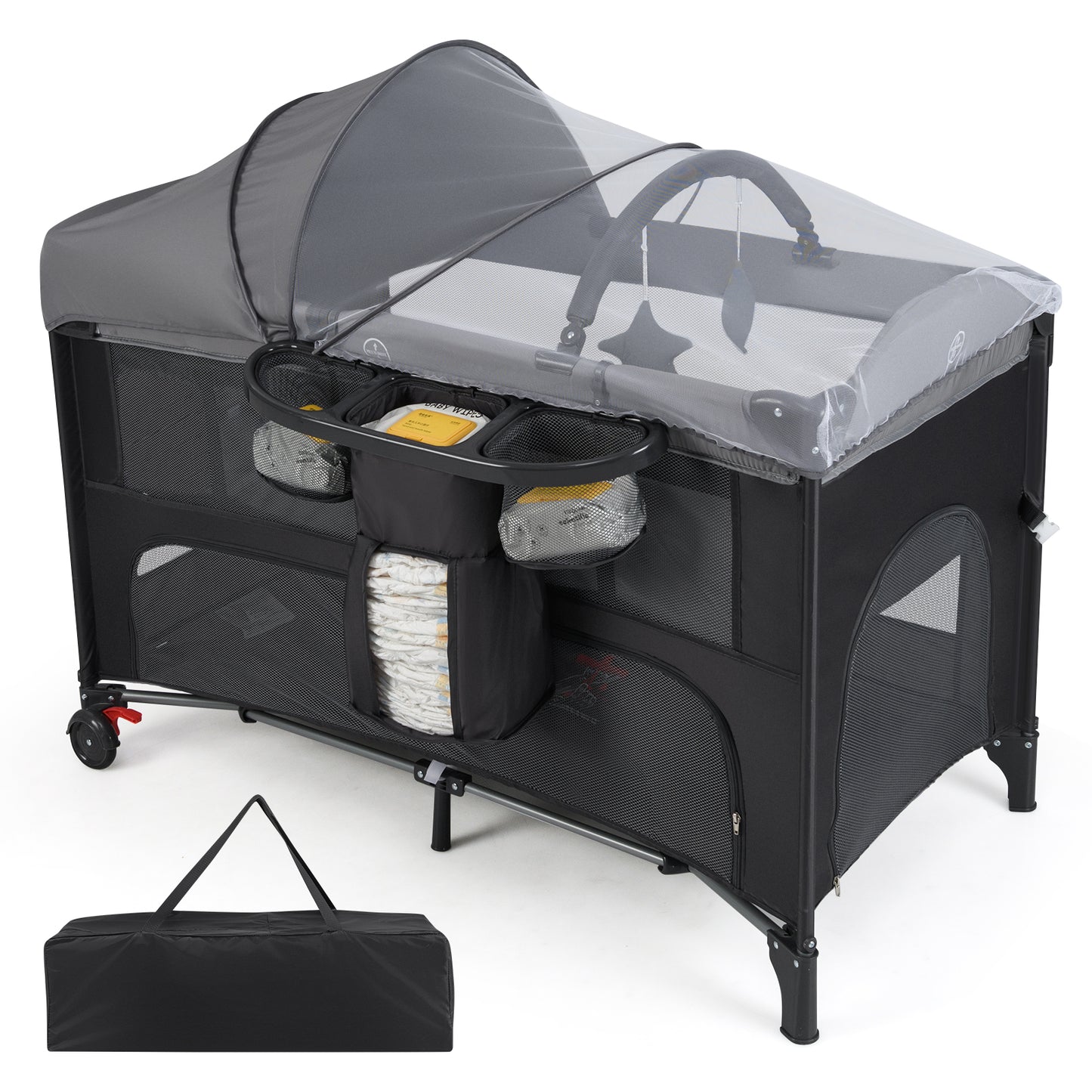 Foldable Pack and Play with 5 Adjustable Heights and Changing Table-Dark Black