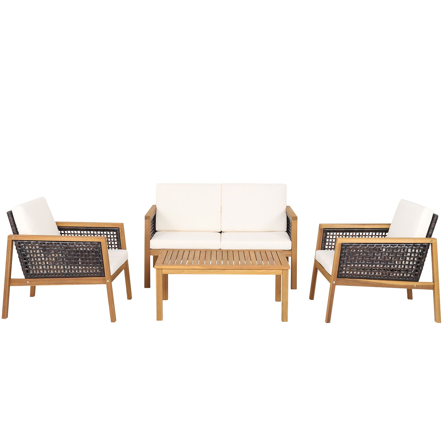 4-Piece Patio Acacia Wood Furniture Set with Removable Cushions-Grey