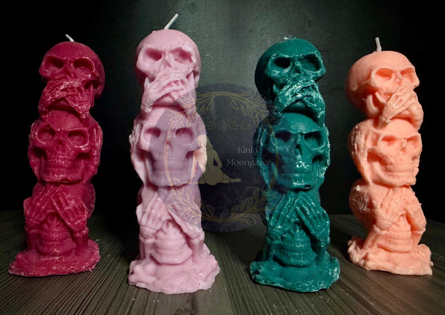 Hear no evil, speak no evil, see no evil skull wax play candle