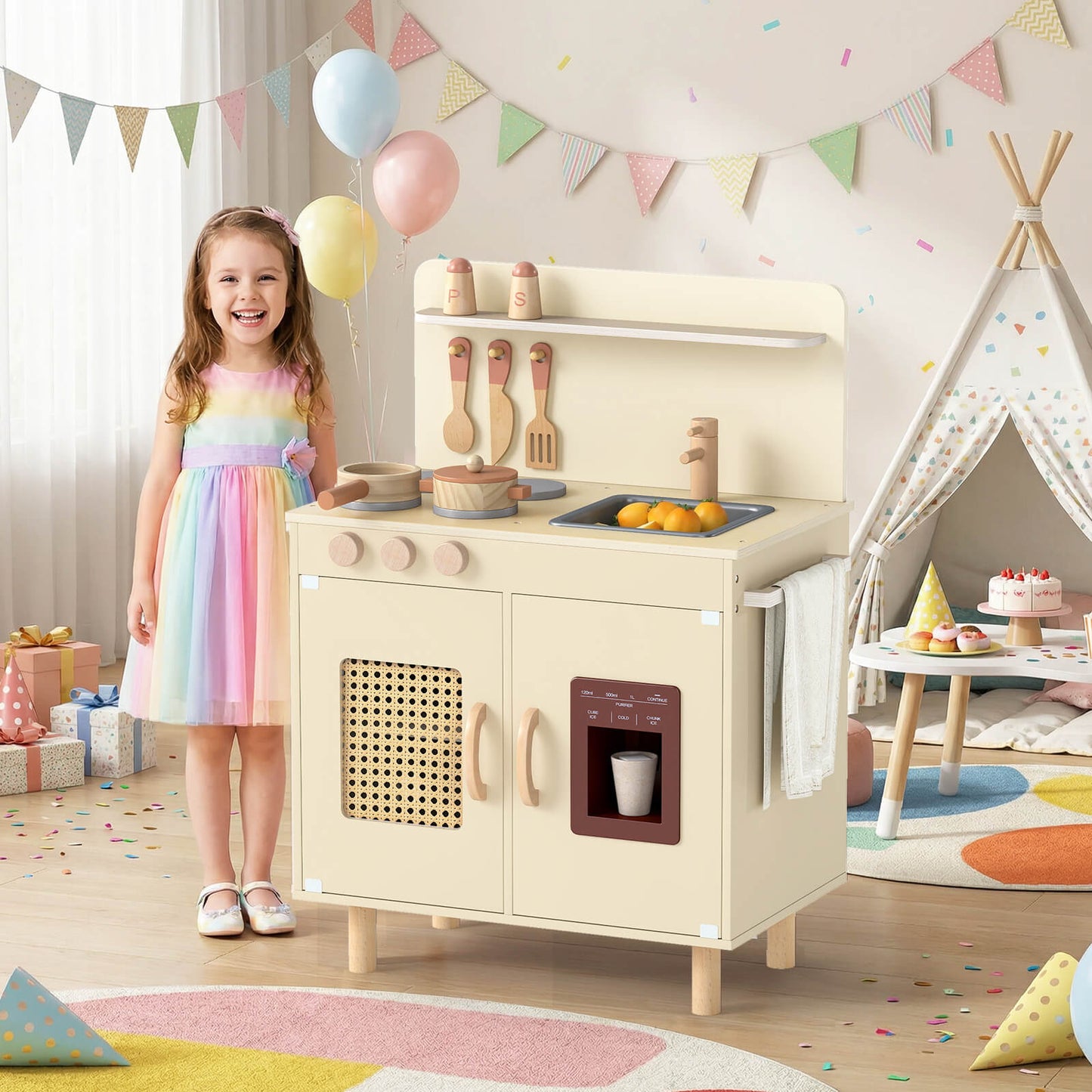 Play Kitchen for Kids with Realistic Ice Maker and Stove Cooking Toy Kitchen-Pink