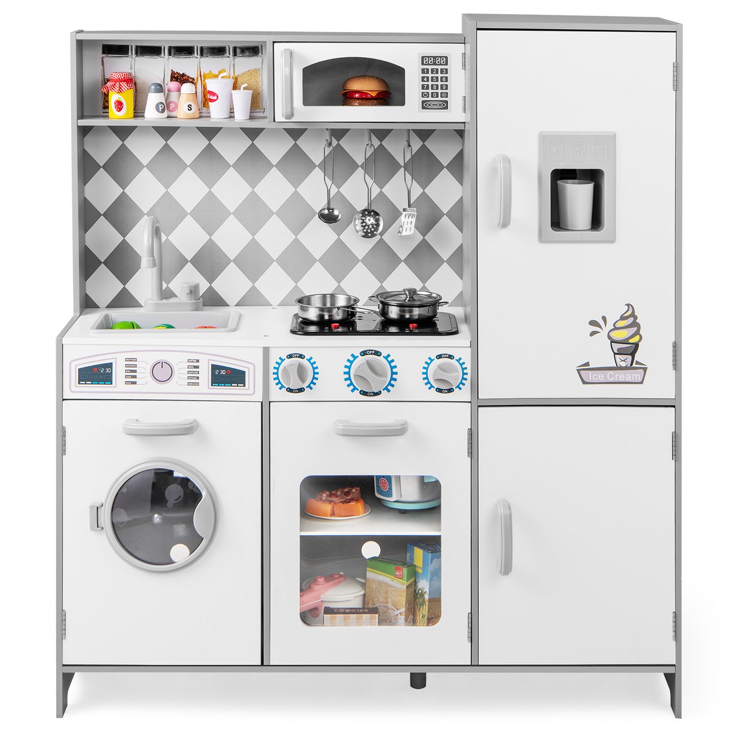 Pretend Play Kitchen with Ice Maker and Cooking Stove for Kids-White