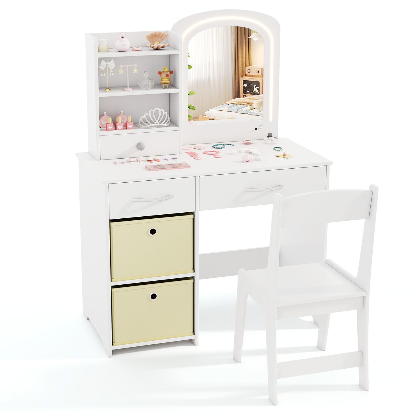 Kids Vanity Set with Lighted Mirror and Storage Drawers-Pink