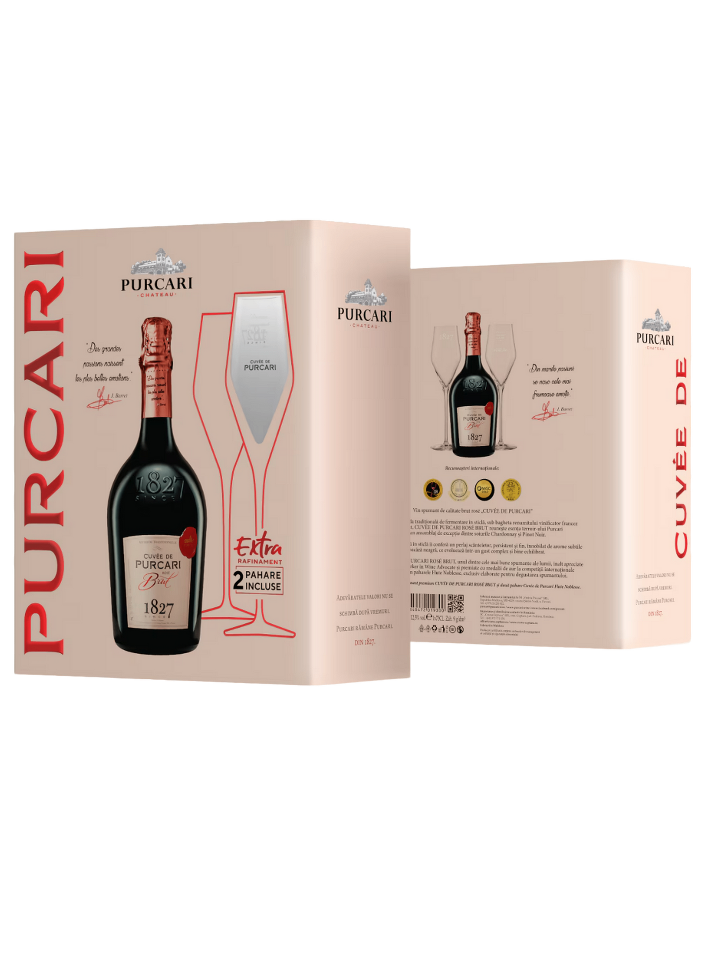 Purcari Cuvee de Purcari Brut Rose Moldovan Sparkling Wine with two branded glasses