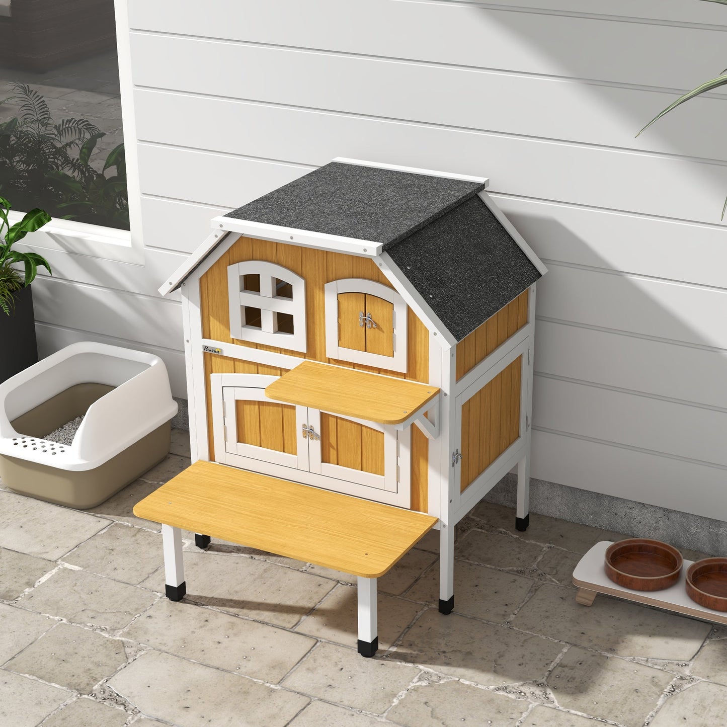PawHut Outdoor Cat House Cat Shelter w/ Openable Asphalt Roof, Escape Doors
