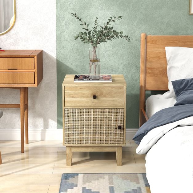 Rattan Nightstand Set of 2 with Storage Drawer and Cabinet-Black
