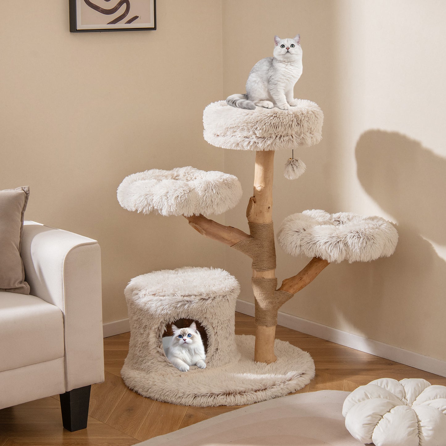 102 CM Tall Real Wood Branch Kitten Tower with Condo and 2 Flower Platforms-White