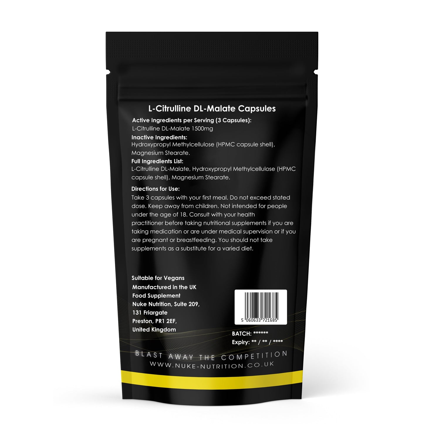 L-Citrulline Malate Pre Workout Nitric Oxide Booster Energy Production Capsules