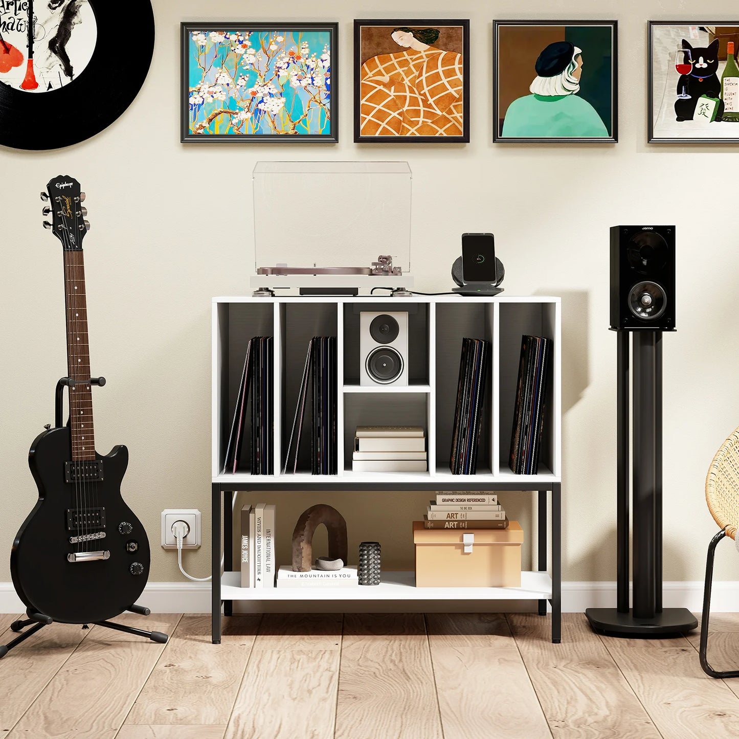 Record Player Stand with Charging Station for Living Room-Rustic Brown