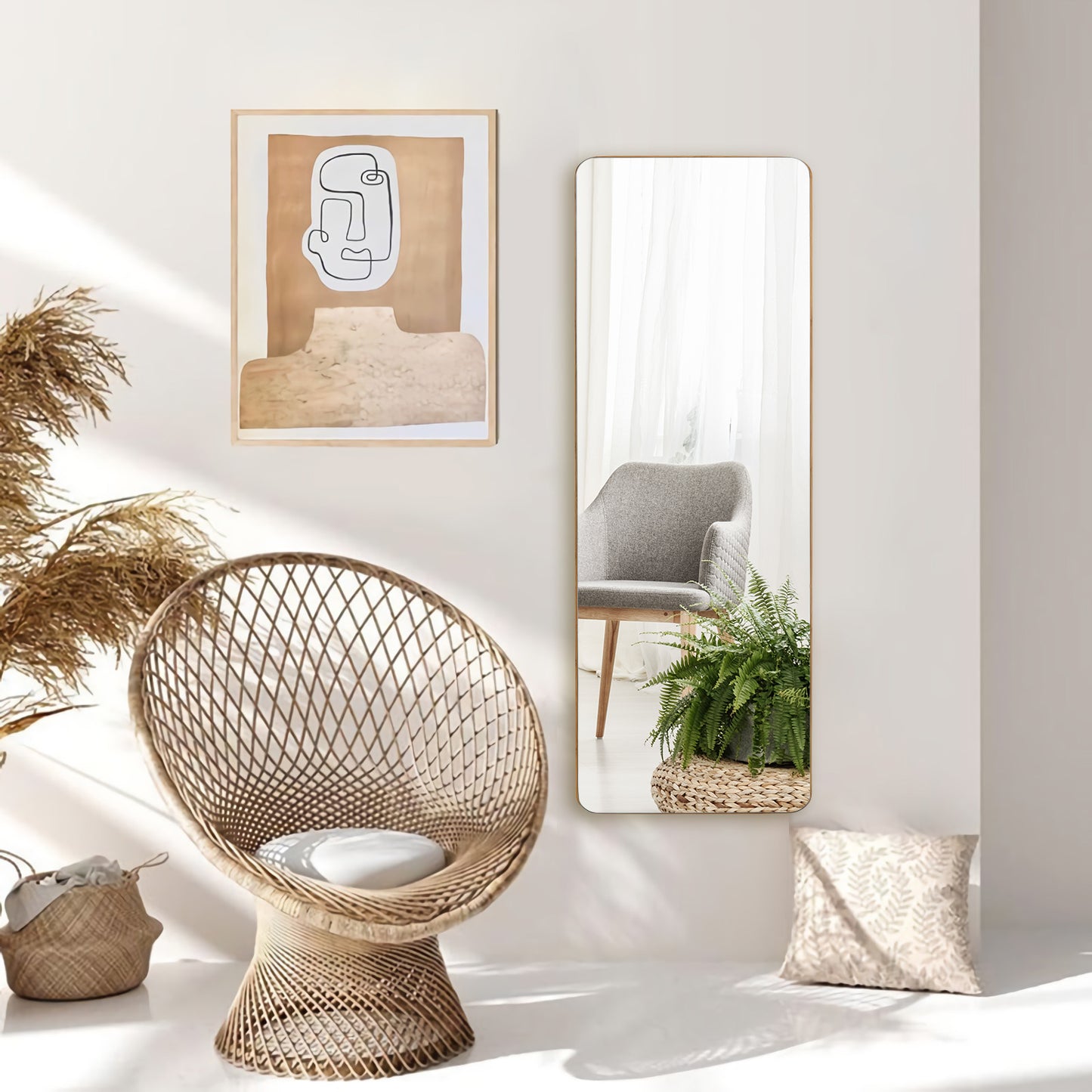 Rectangle Wall Mounted Mirror with Bamboo Frame and Round Corners-Natural