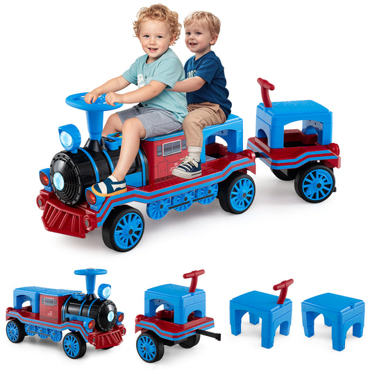 3-Seater Ride on Train Set Trackless with 2 Removable Chairs and Train Whistle-Blue