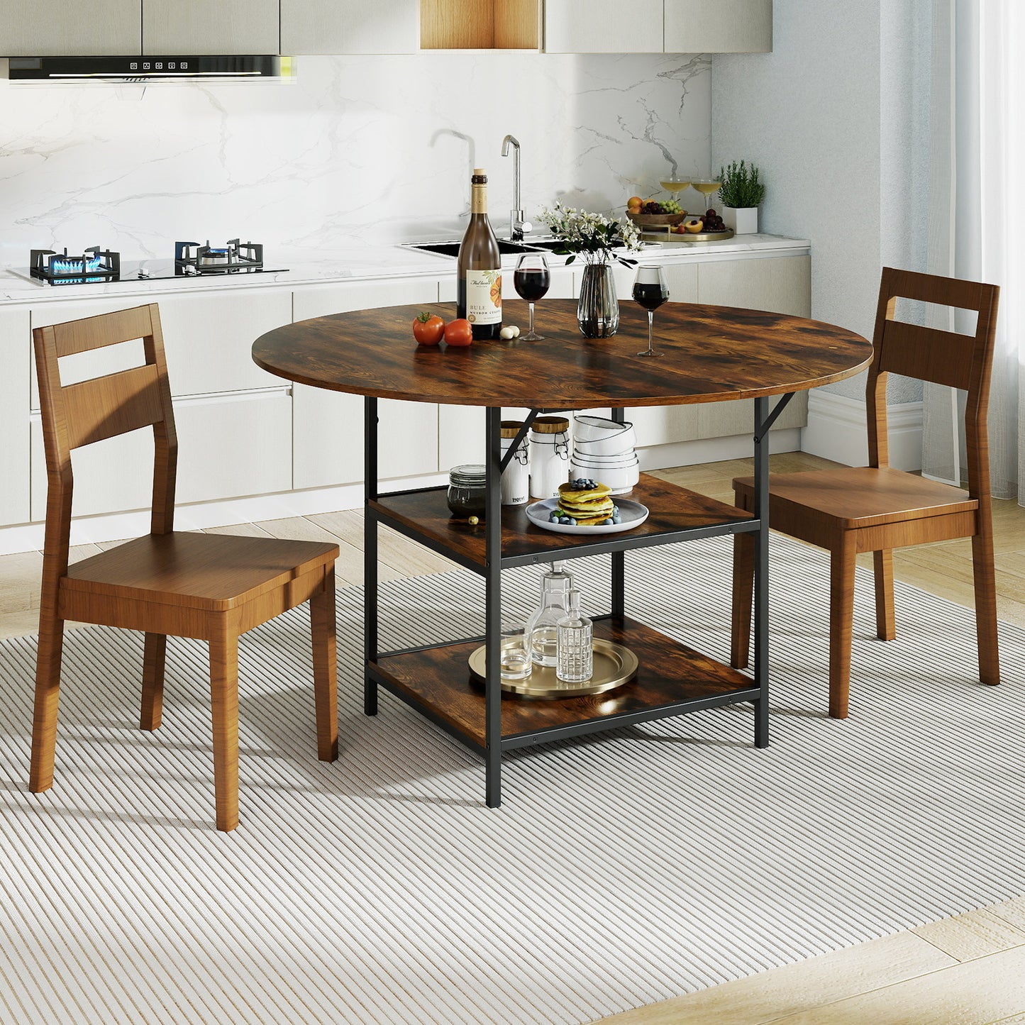 120 CM Round Dining Table with 2-Tier Storage Shelf and Heavy-duty Metal Frame-Black
