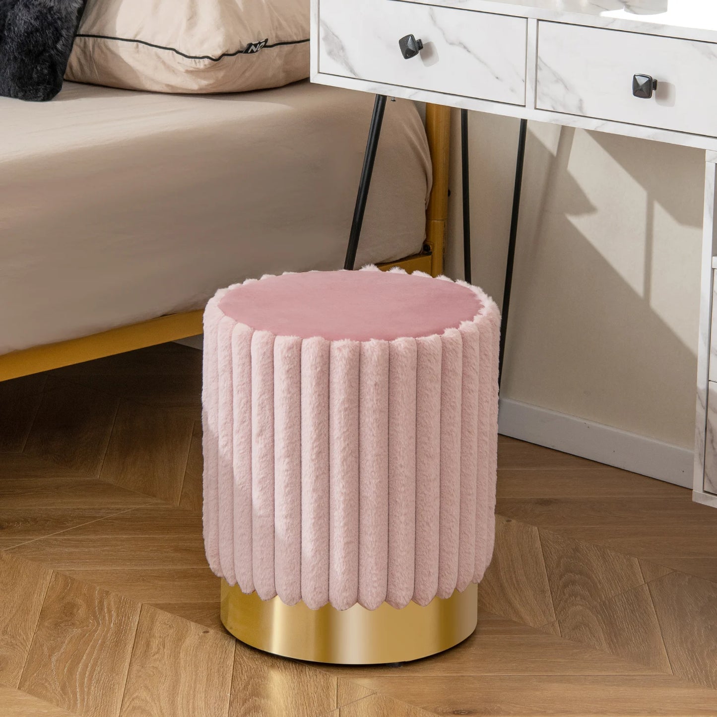 Upholstered Footrest Stool with Decorative Vertical Tufting and Heavy-duty Metal Base-Grey