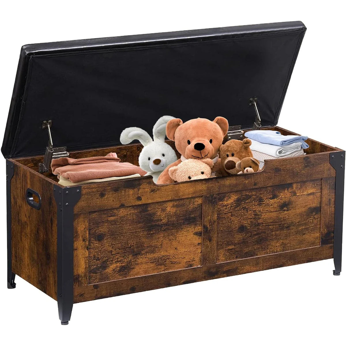 Rustic Brown Wooden Storage Bench Retro Home Storage Chest with Safety Hinges
