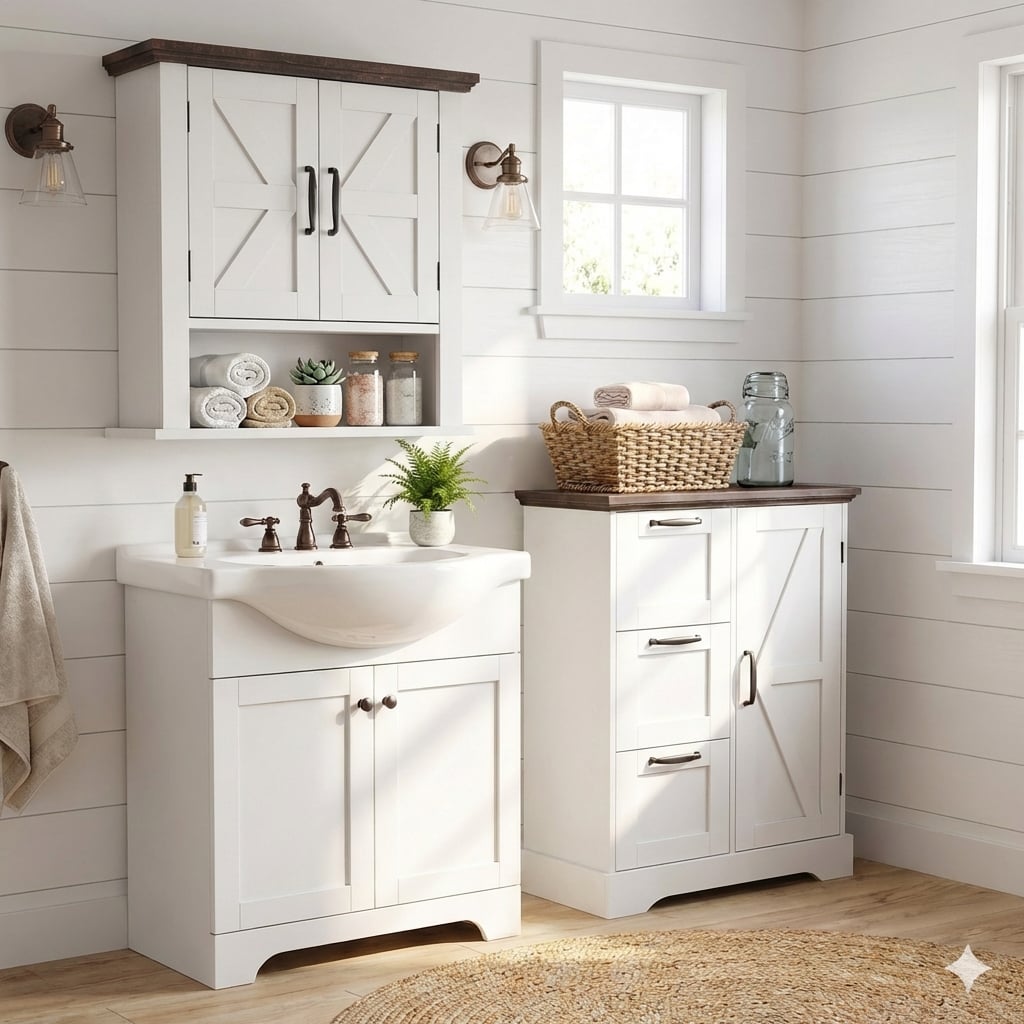 The Rustic Barn Collection - Bathroom Wall Cabinet and 3-Drawer Floor Cabinet
