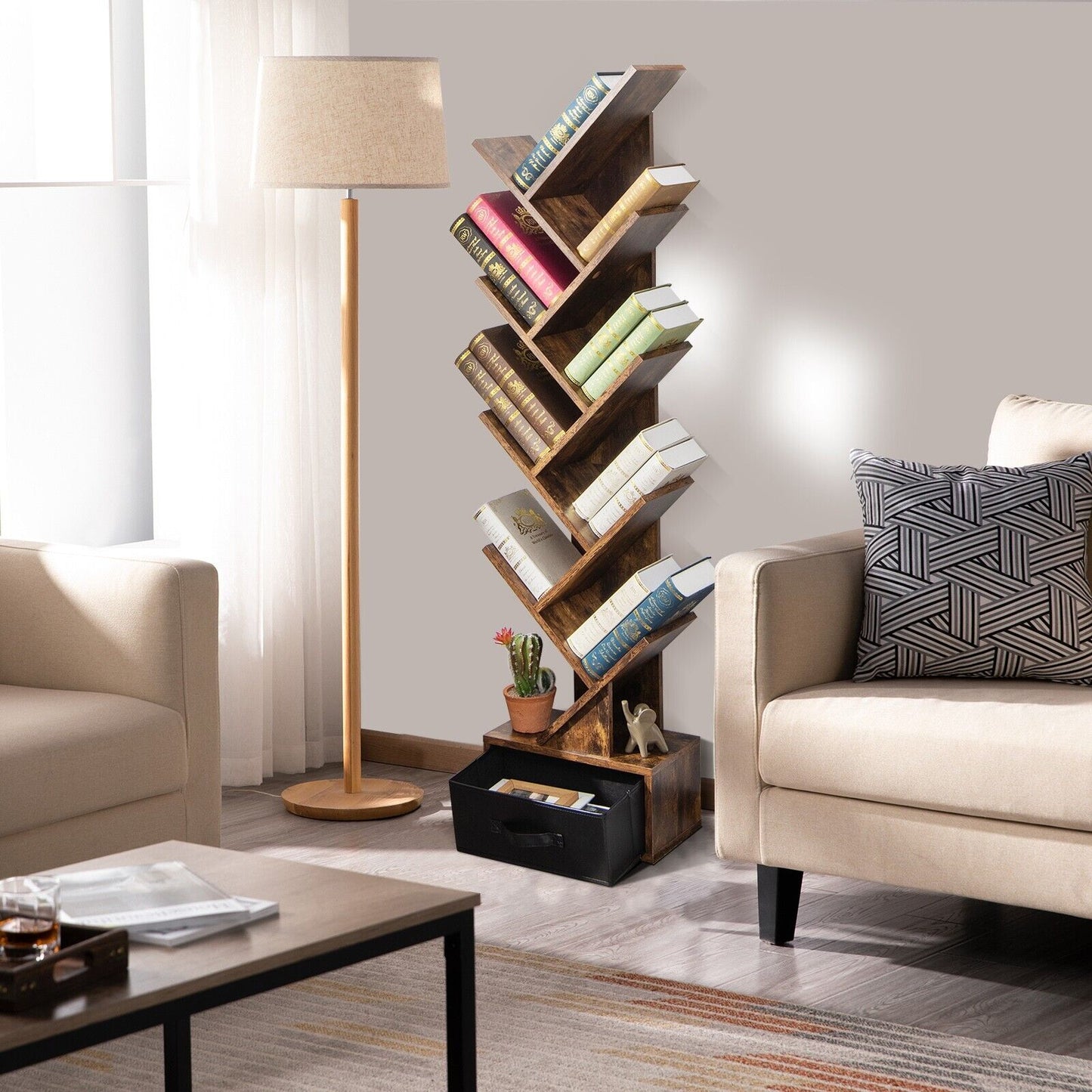 10-Tier Freestanding Tree Bookshelf with Drawer-White