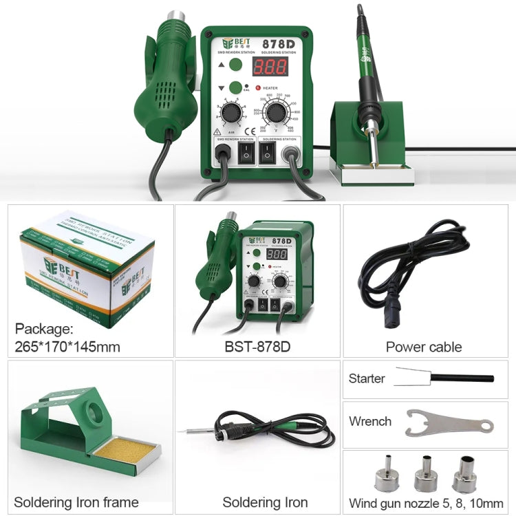 BEST BST-878D 2 in 1 Adjustable Temperature Hot Air Gun with Electric Soldering Iron Rework Station, EU Plug(Green)