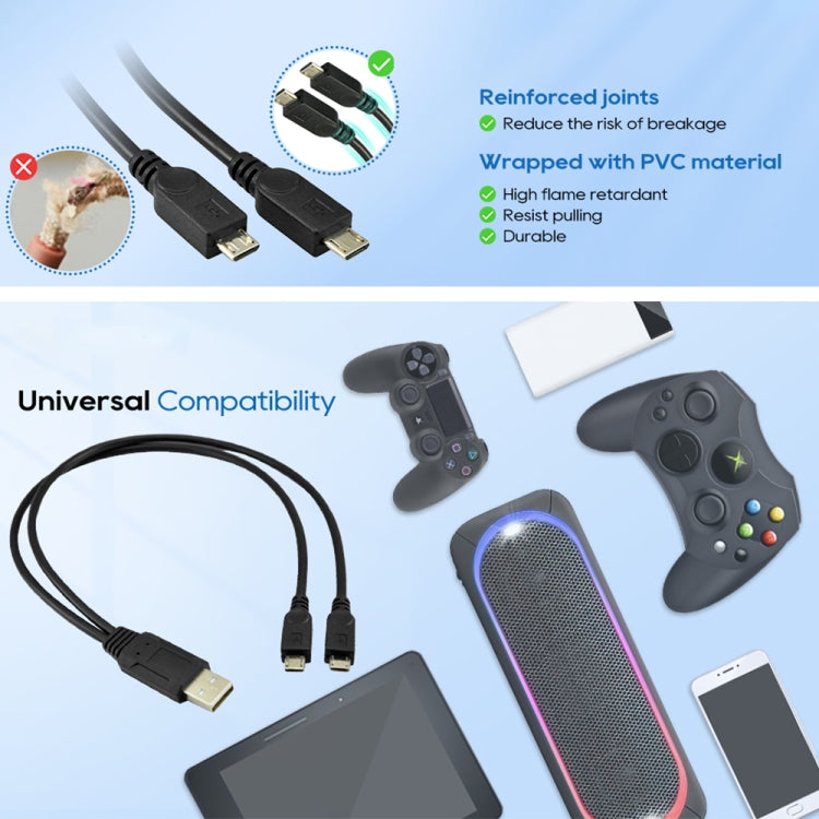 USB 2.0 Male to 2 Micro USB Male Cable, Length: About 30cm, USB 2.0 AM to 2 Micro USB