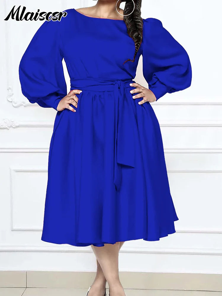 Mlaiscsr Elegant Dinner Prom Yellow A Line Mid Dresses Women O Neck Full Sleeve Belt Waisted Pleated Female Birthday Party Robe