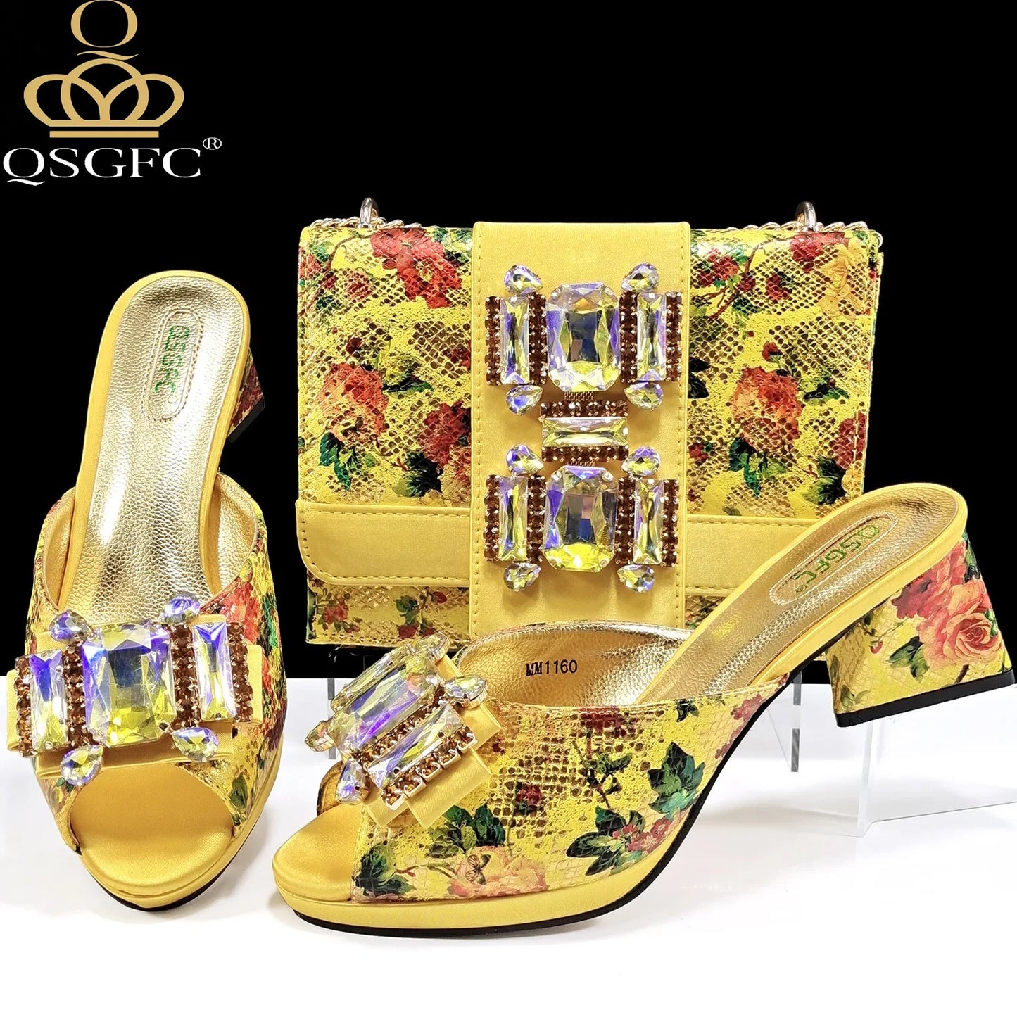 QSGFC Italian Sandals and Bags Matching Set 2024 Women Heel Party for Rose Gold Colour Wedding Bigger Size Thick Heel Shoes