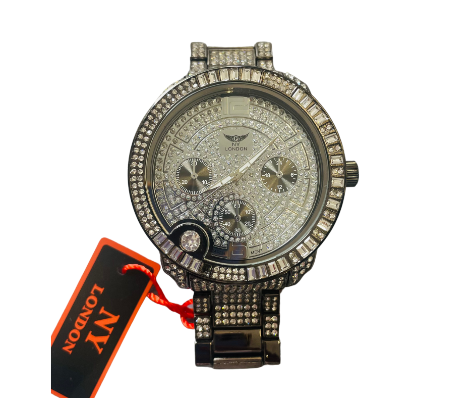 NY London Mens Black Silver Bling Watch PI-7498