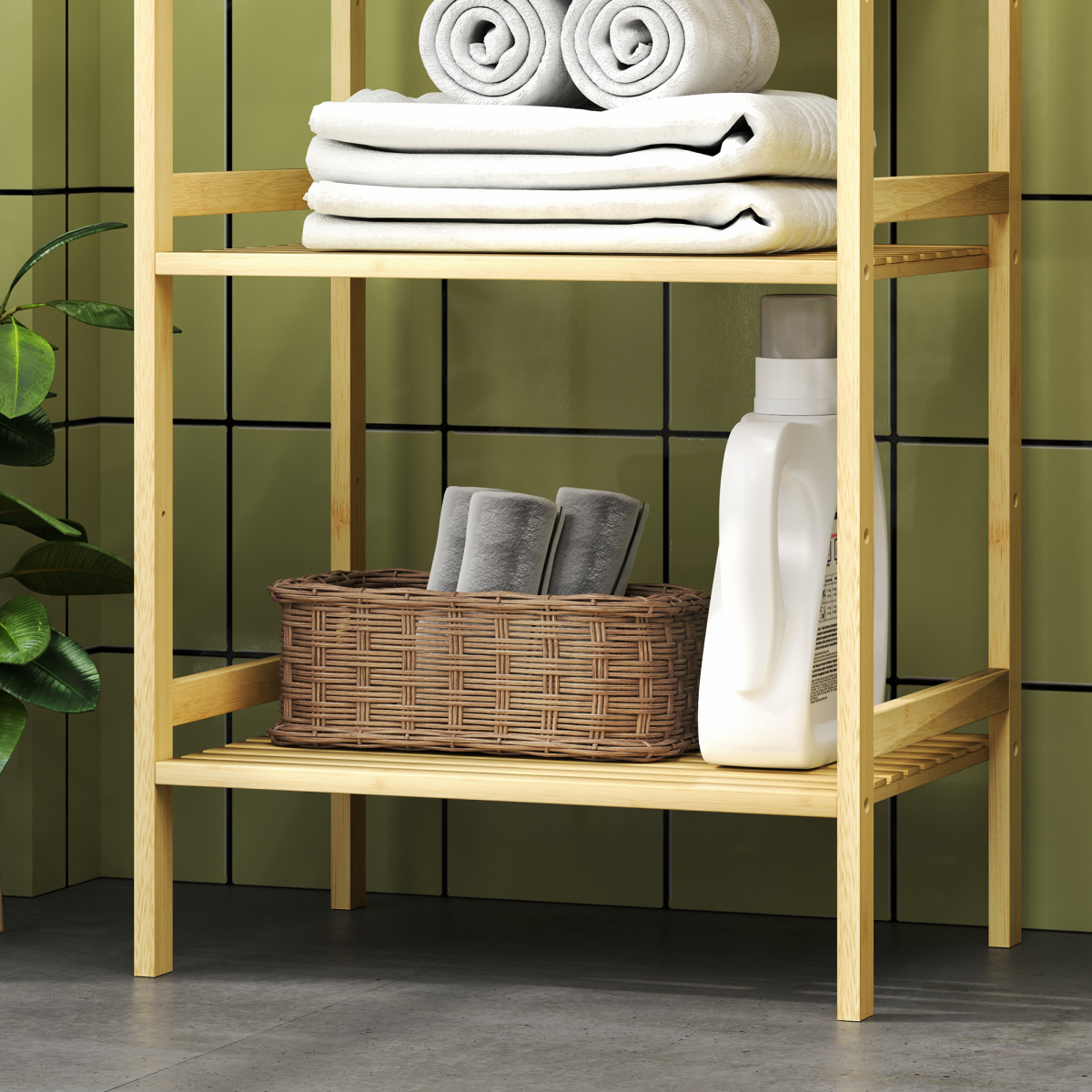 HOMCOM 3-Tier Bamboo Bathroom Storage Shelf with Adjustable Rack