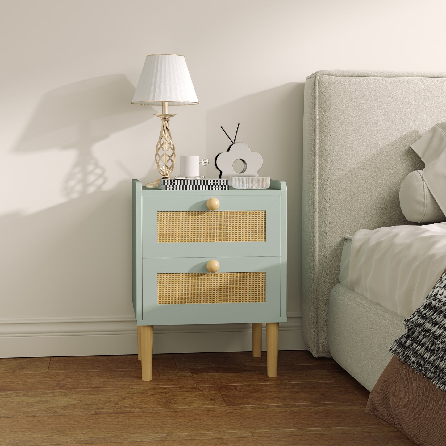 HOMCOM Boho Rattan Bedroom Chest of Drawers, 2 Drawer Dressers, Olive Green