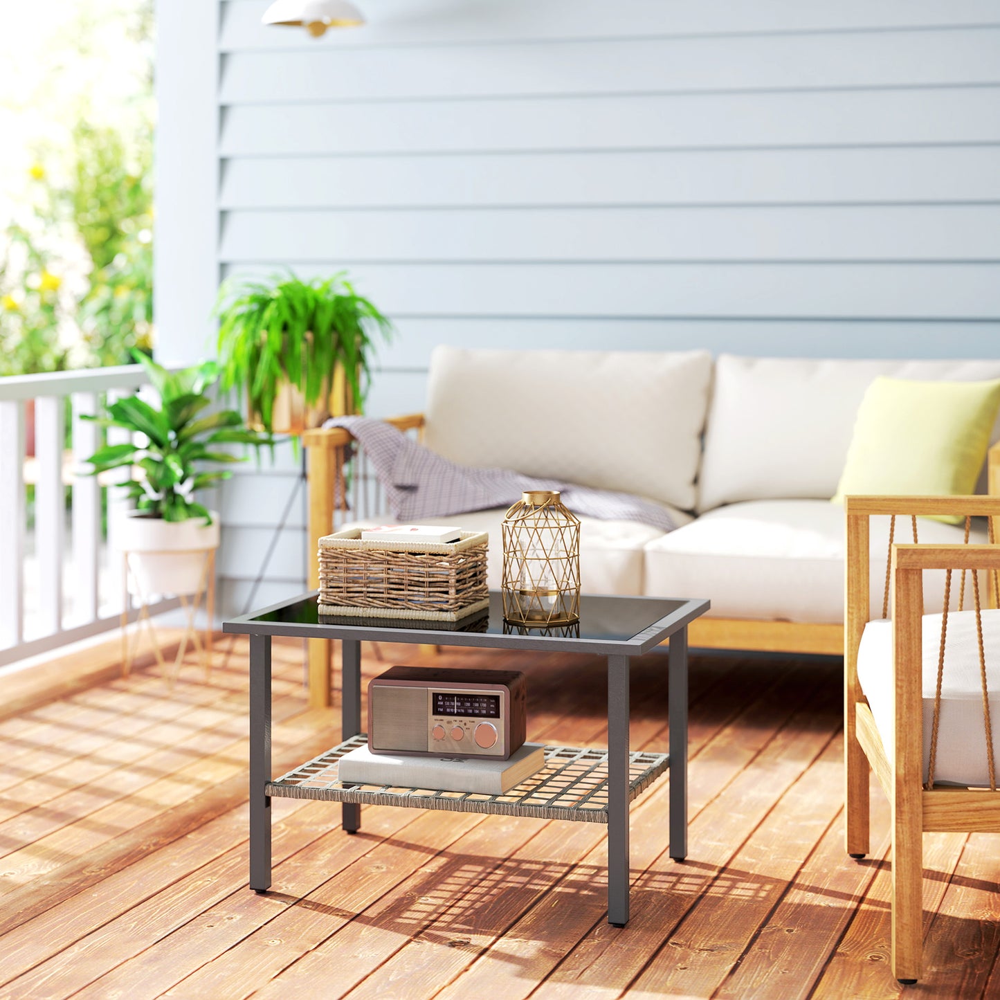 Outsunny Outdoor Rattan Coffee Table, Rectangular Tea Side Table, Mixed-grey