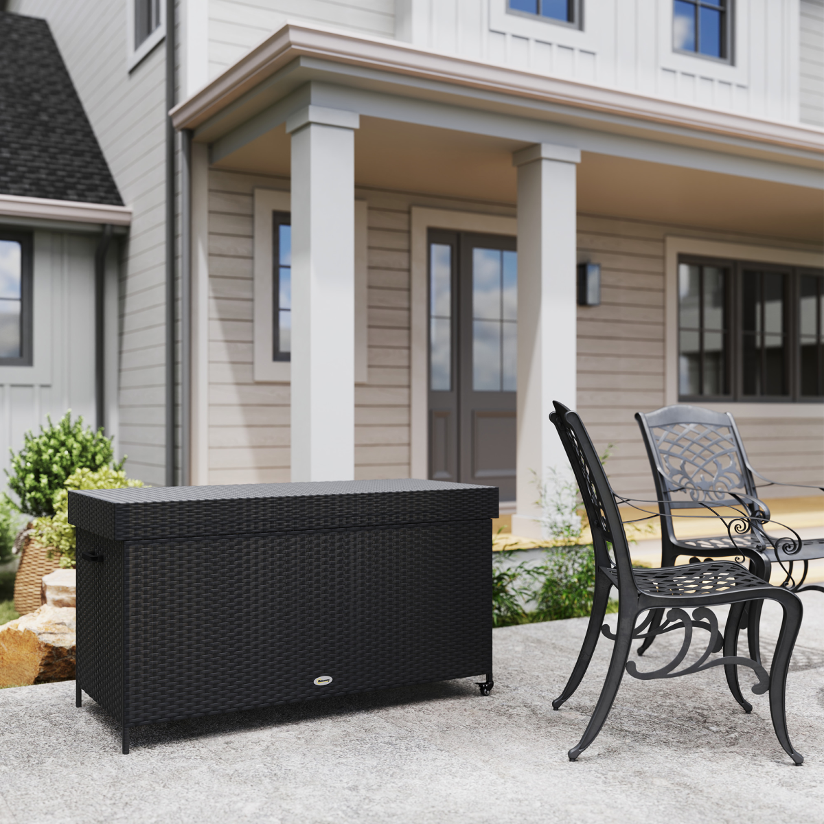 Outsunny 627 L Rattan Garden Storage Box with Gas Lift Lid and Wheels