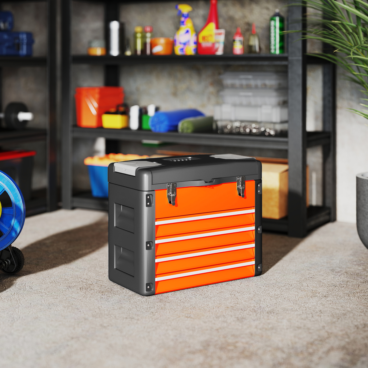 HOMCOM 4 Drawers Large Tool Box, Steel Toolbox with Handle