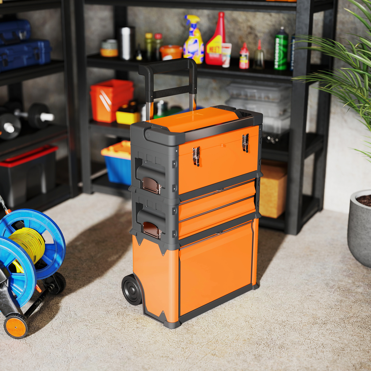 HOMCOM 3-Tier Tool Box with Wheels, Stackable Steel Toolbox