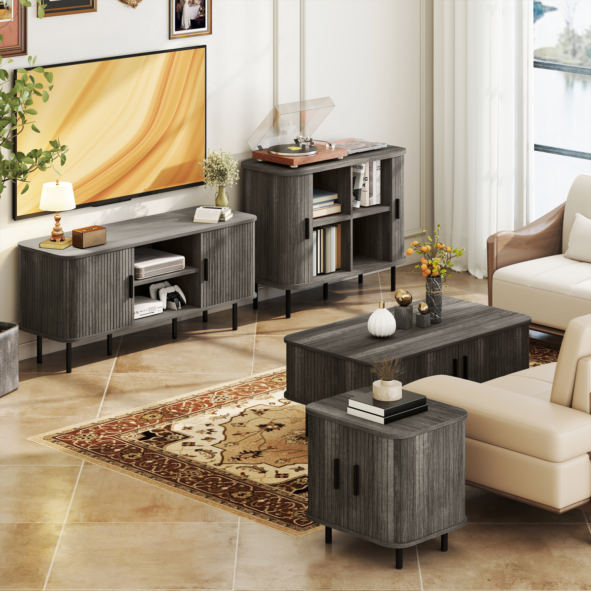 HOMCOM Coffee Table with Storage and Sliding Doors for Living Room, Grey