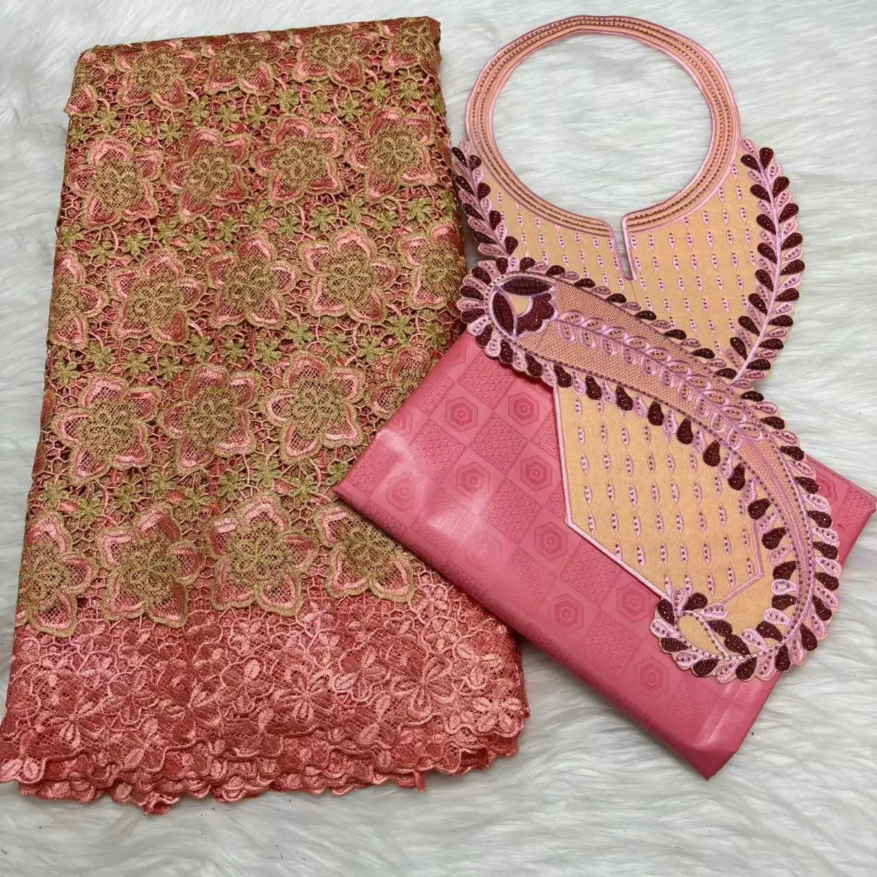 2024 High Quality 2.5yards Bazin Riche Brocade Fabric +2.5 Yards African Cotton Lace Fabric with Collar Set for Dress M4-1212-1